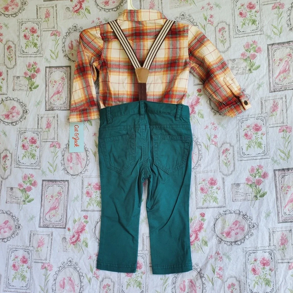 Cat‎ & Jack by Carter's Outfit Green Suspender Pants Red Shirt 12 months